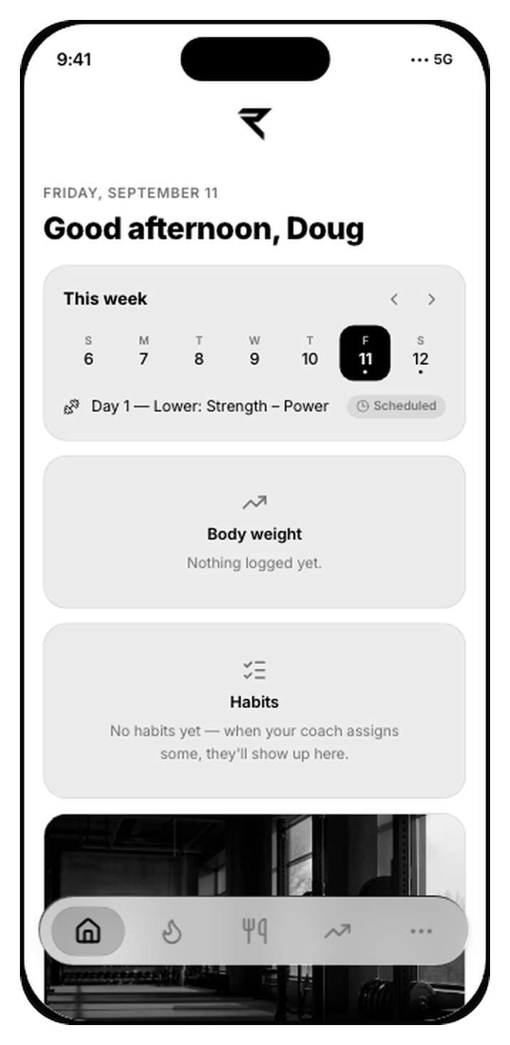 The REAL app home screen: the week with the day's session scheduled, body weight and habits