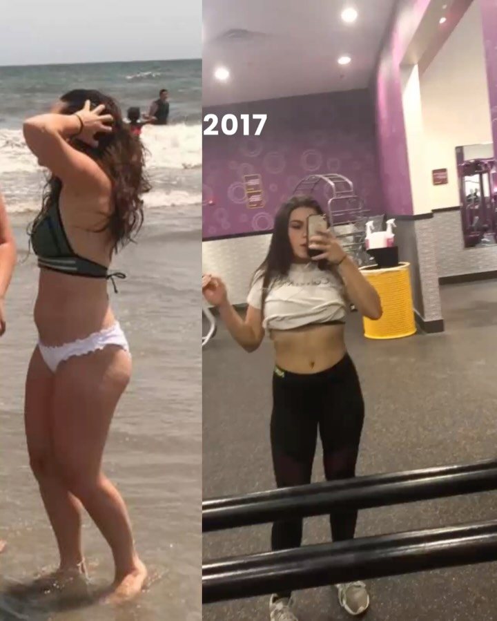 Jenny in 2017, at the beach and in a gym mirror