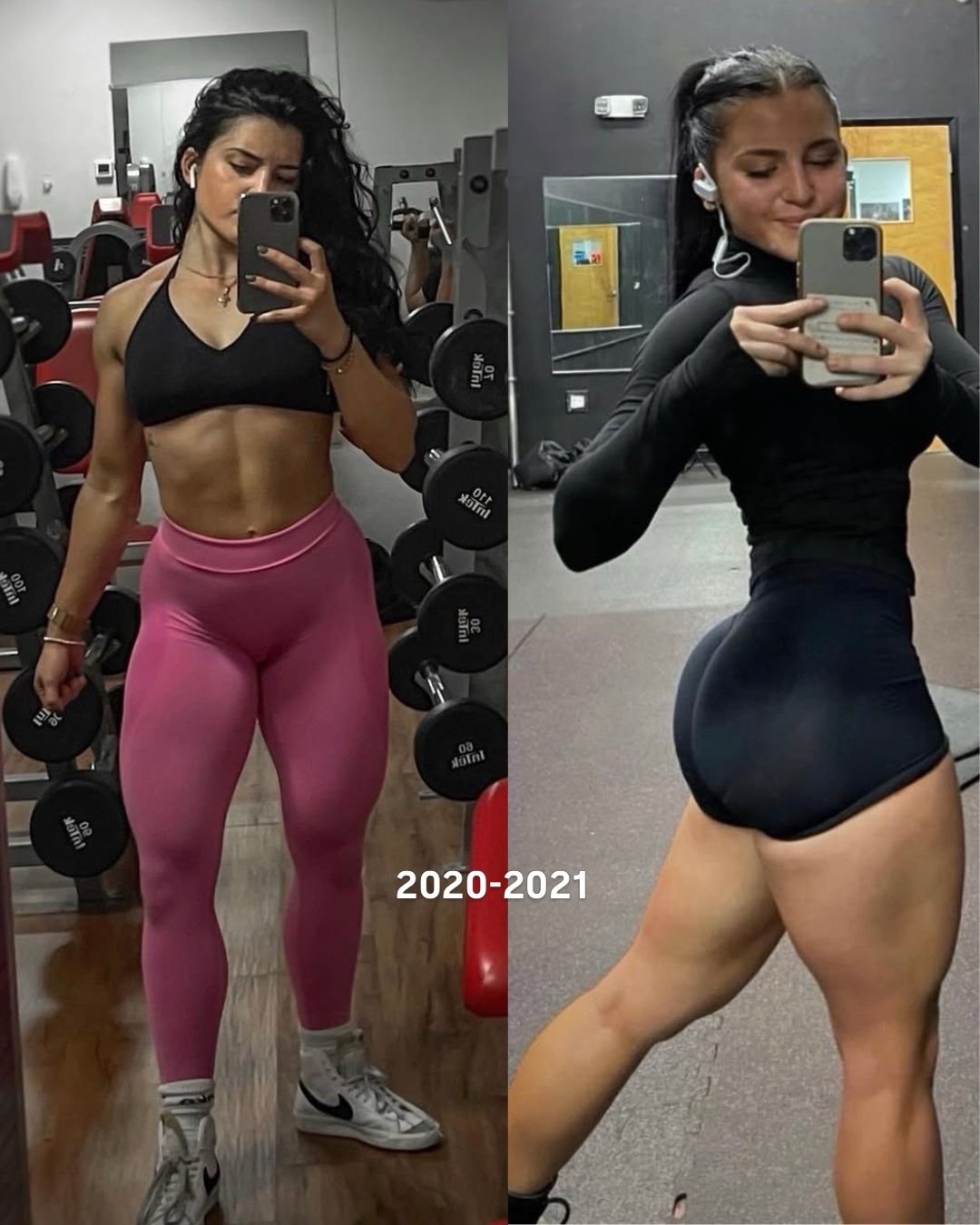 Jenny in 2020 and 2021, two gym mirror photos
